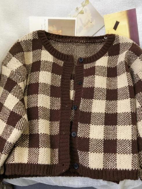 Fashion Versatile Contrast Checkered Knitted Two Piece Cardigan